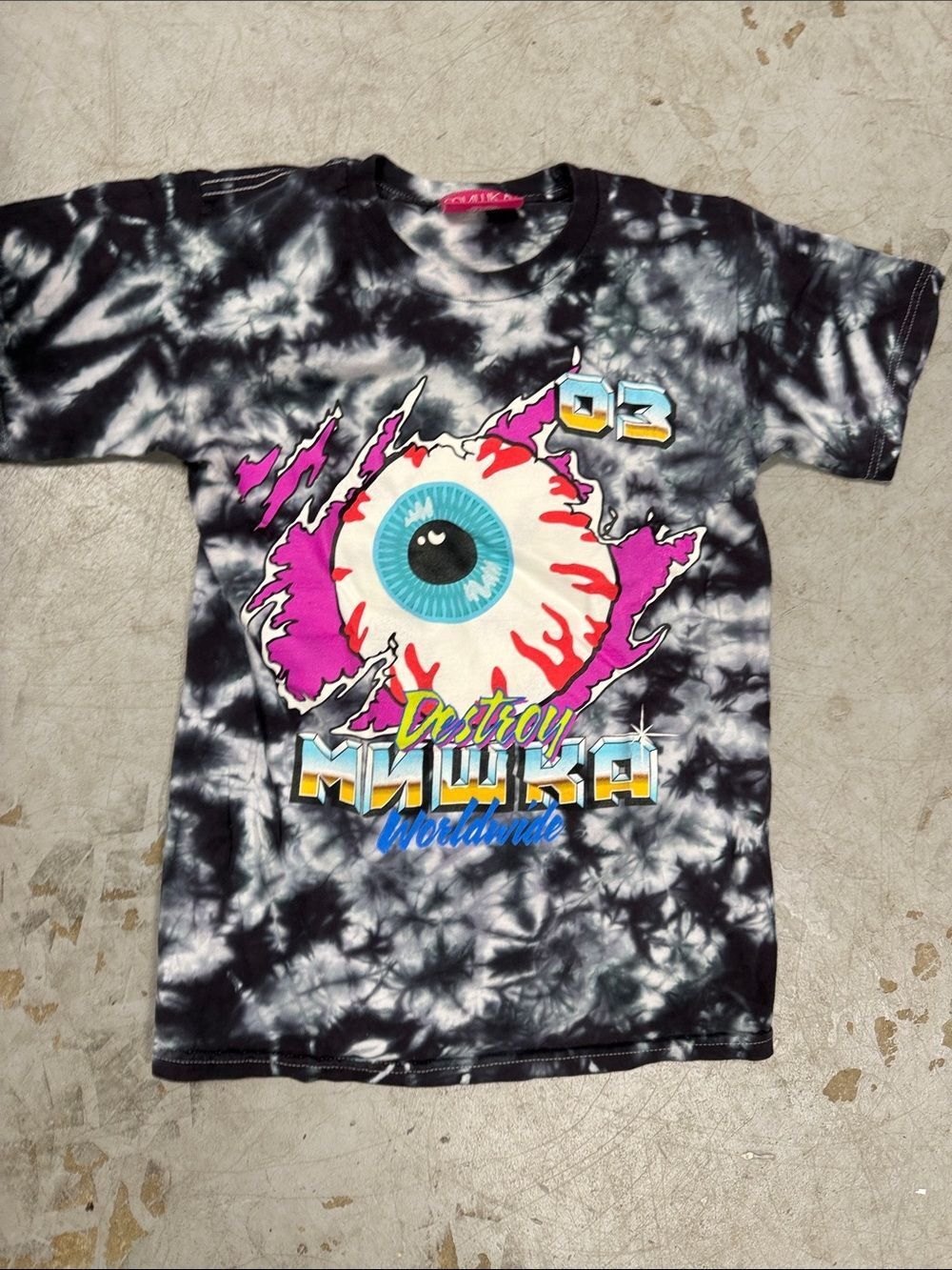 Mishka Black & Gray Tie-Dye Eyeball Graphic Tee with Purple Accents - Size XS